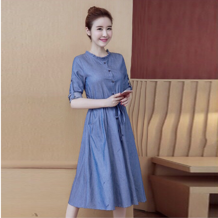 ĐẦM JEAN XÒE TAY DÀI CỔ BÈO TRÒN